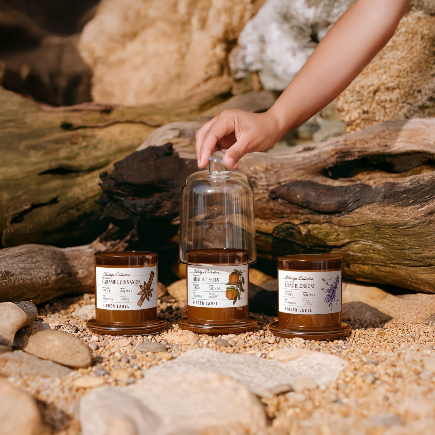 Hidden Label Fall Candles Caramel Cinnamon Scented, 10oz Natural Candles Non Toxic for Home Scented with Clear Bell Jar, Aromatherapy Candle for Spa/Yoga/Meditation & Stress Relief Gifts