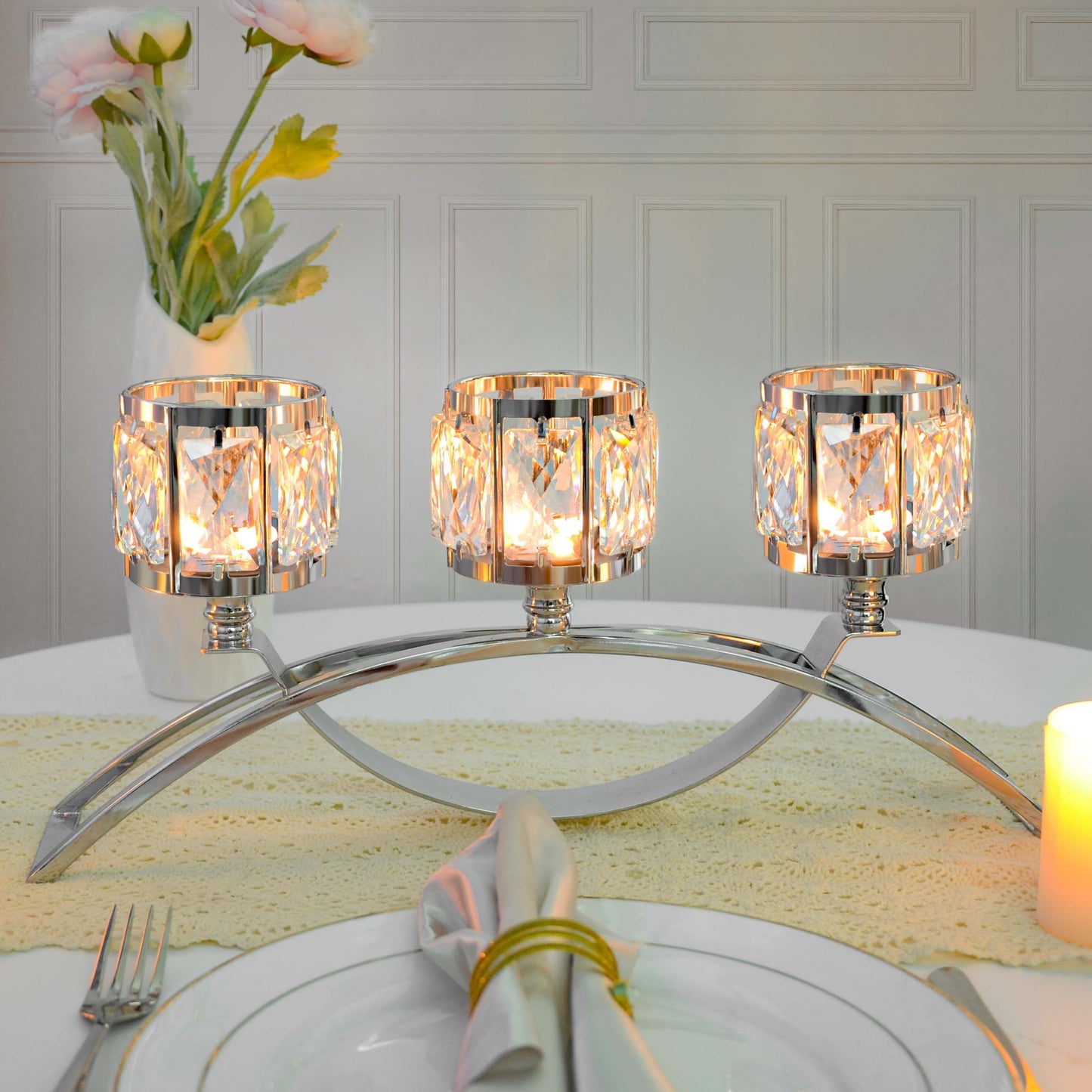KEHAIL 3 Arms Crystal Candle Holders, Arch Candlestick Table Candelabras Centerpieces for Wedding, Dinning Room, Cabinet Ornaments, Home Decoration, Gift (Silver, 2 Pcs-3 Arm Arched)