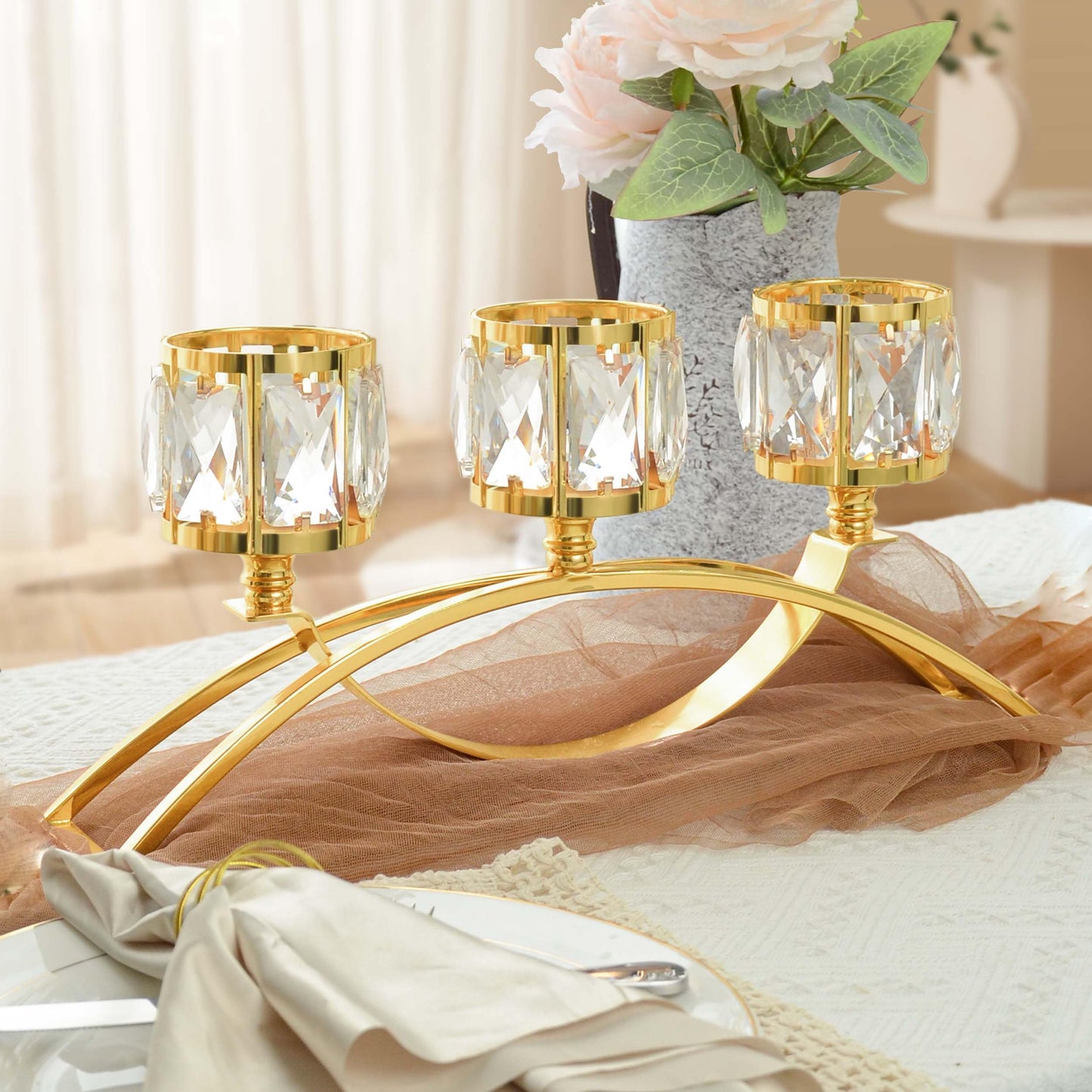 3 Arms Crystal Bowl Tealight Candelabra Votive Candle Stand, Wedding centerpieces for Tables Crystal Candlestick,Centerpiece Table Decorations (Pure Gold)
