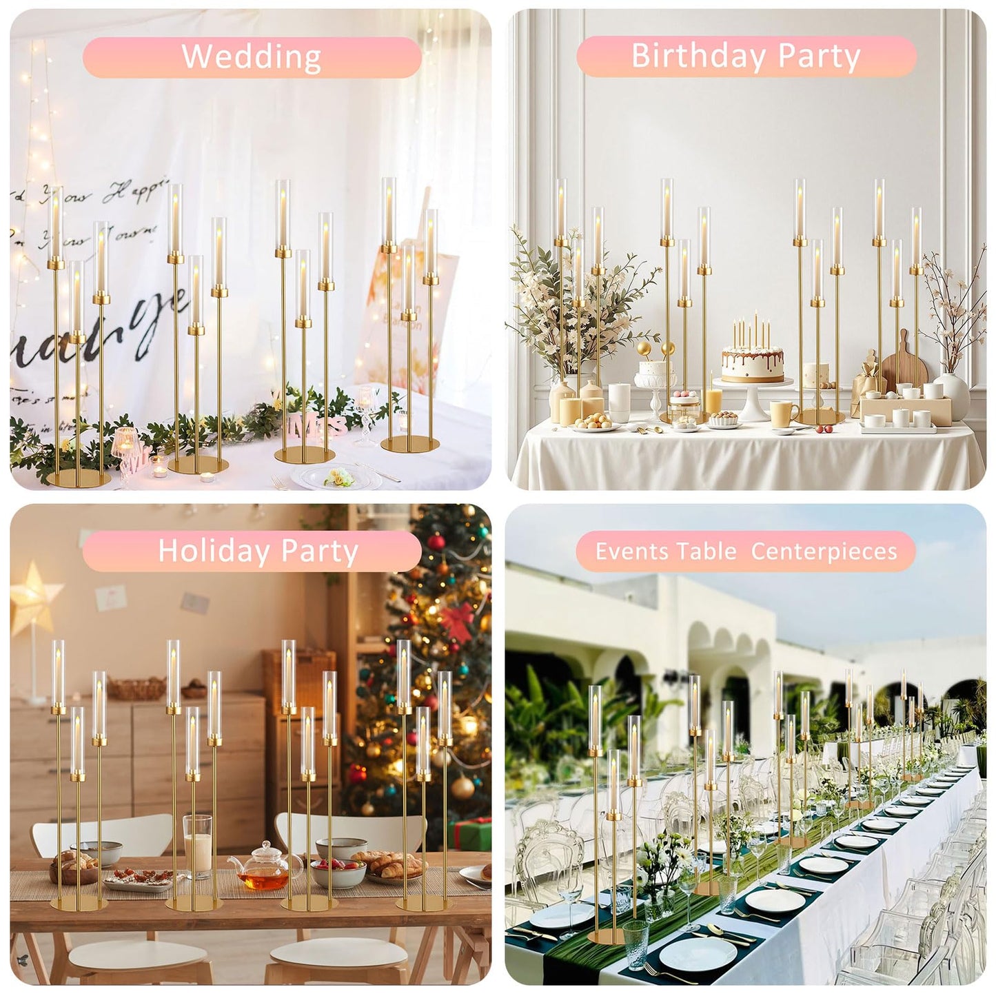 Vincidern 2pcs Gold Taper Candle Holder 3-arm Candelabra Decorative Candlestick Holder for Table Centerpieces, Wedding, Dining Room, Events, Party (33in Tall)