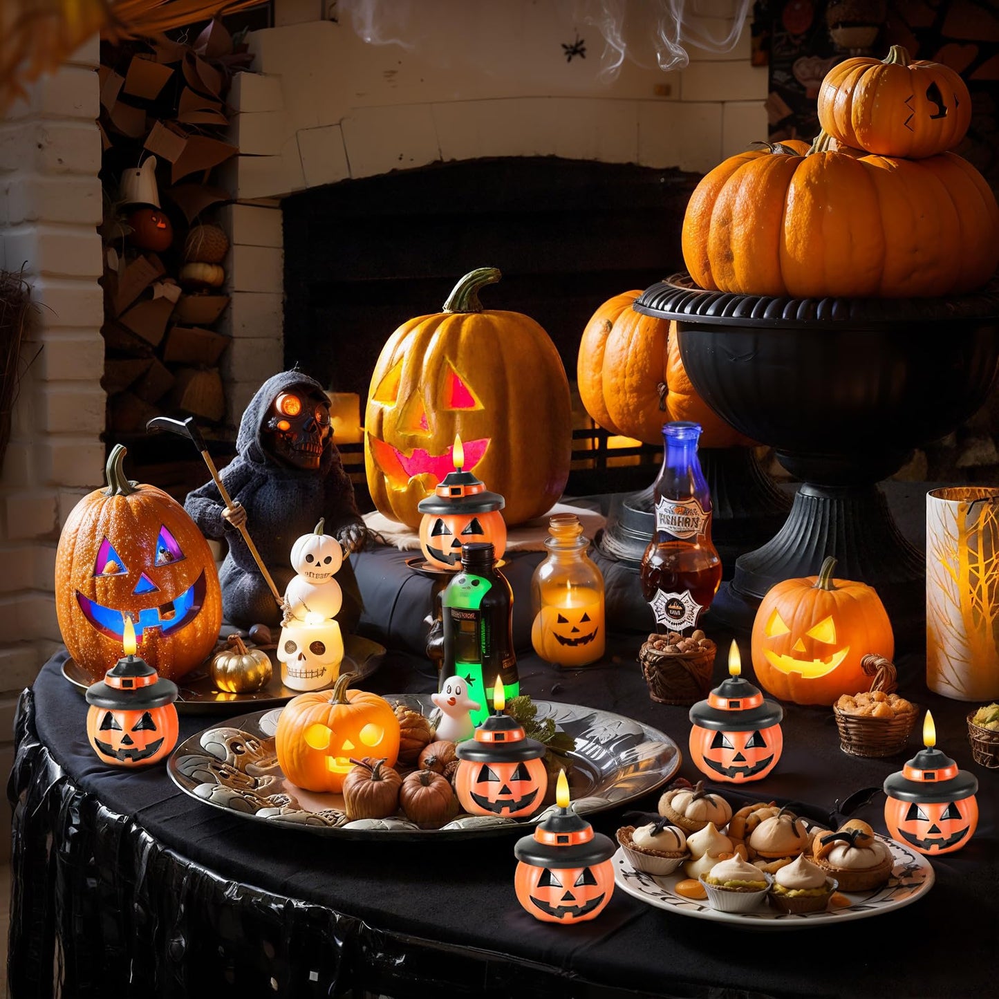 Homemory Real Wax Pumpkin Candles, 4 Pcs Flickering Flameless Candles with 6hrs Timer, LED Halloween Pumpkin Lamp, Battery Operated Lights for Home Halloween Decor, Theme Party, Orange
