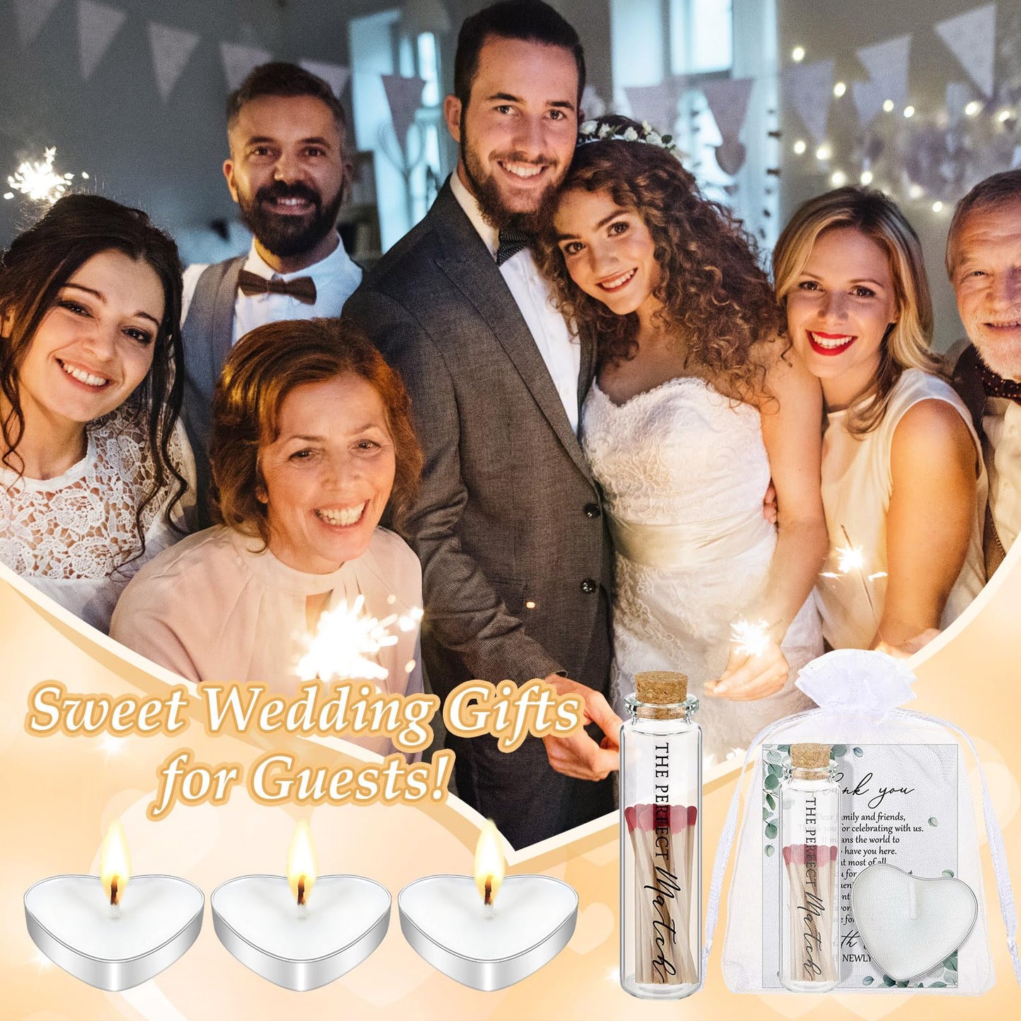 Wovnet 100 Sets Wedding Party Favors for Guests Bulk Including Mini Heart Shaped Candles and Empty Matches Jars with Cork Top Thank You Cards and Organza Bags for Wedding Bridal Shower Party Souvenir