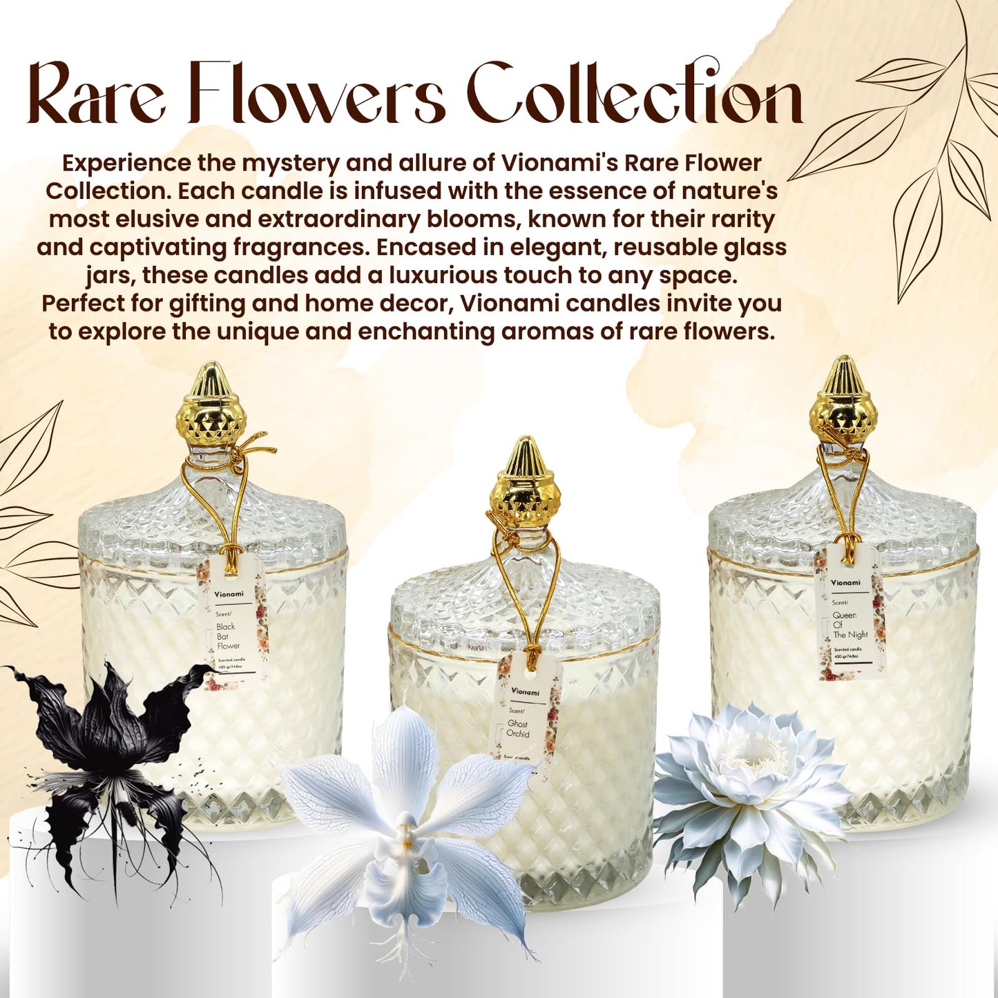 VIONAMI Luxury Scented Candle Gift, Black Bat Rare Flower Fragrance Soy Candle in Glass Jar, 14.8oz, 80Hr Burn, Scented Candles for Women, Birthday Gift for Her, Luxury Candles for Women