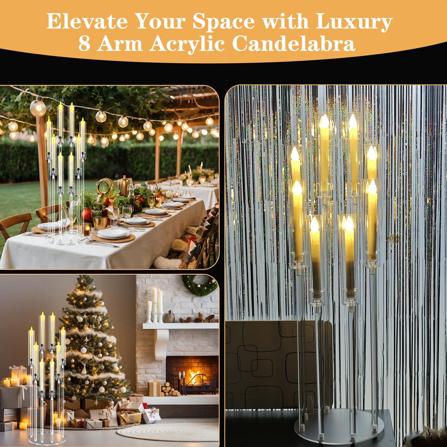 Cheloment 8 Arms Acrylic Candelabra Centerpieces for Tables, 38.5" Tall Clear Candle Holder for Wedding Dinner Party and Home Decor,Candlesticks Holder with LED Candles
