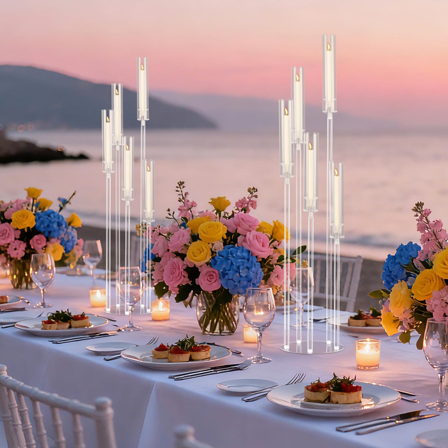 4Pcs 45.7''Tall 5 Arm Acrylic Candelabra Centerpieces for Tables, Clear Candle Holder for Wedding, Floor Candelabro Holders for Ceremony Birthday Party Home Decoration Fit 0.8 LED Candles(No Candle)