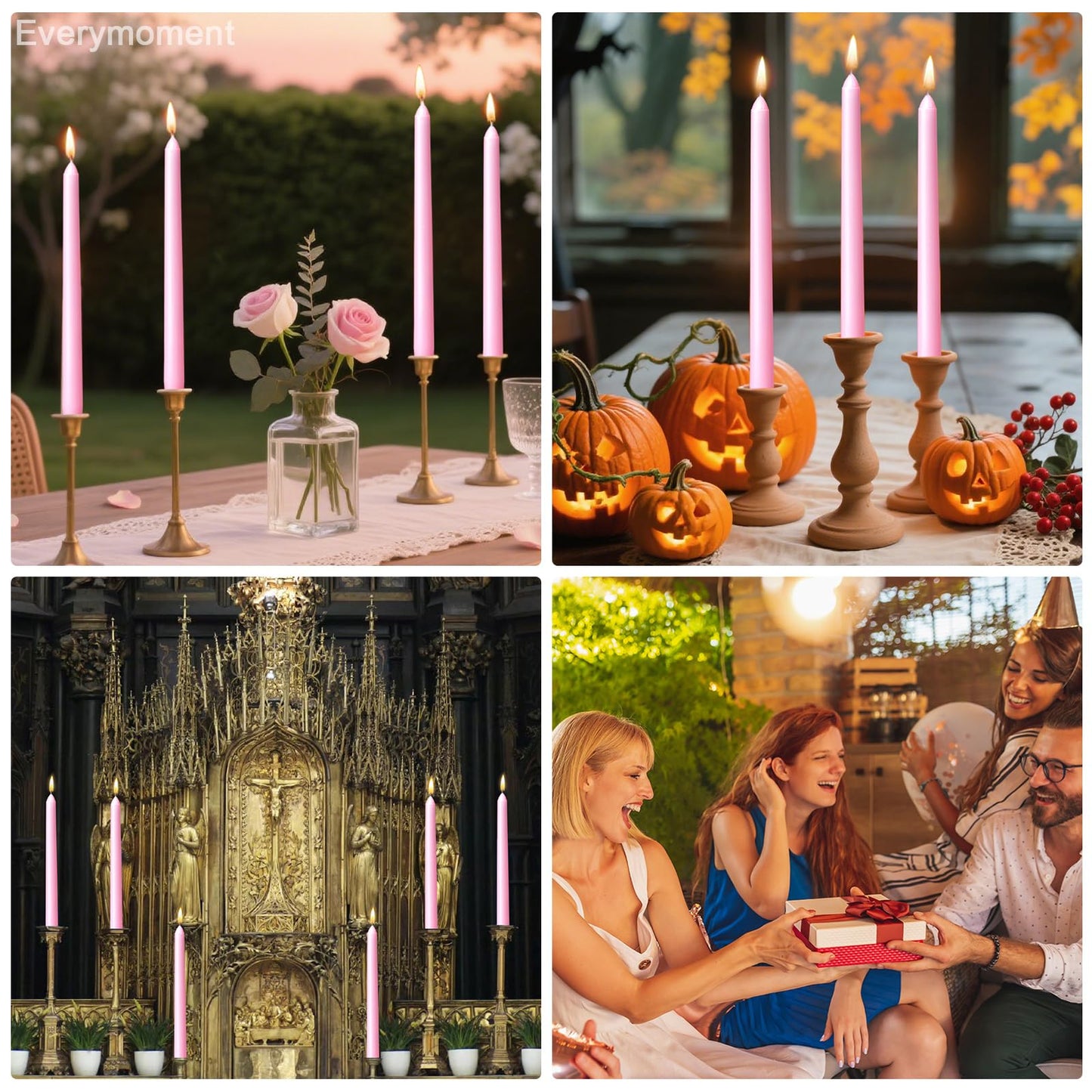 Everymoment Pink Taper Candles - 24 Pack 10 Inch Candlesticks - Dripless & Smokeless for 8 Hours - Unscented Paraffin Wax - Ideal for Wedding Mother’s Day Valentine's Day Baby Shower & Romantic Decor