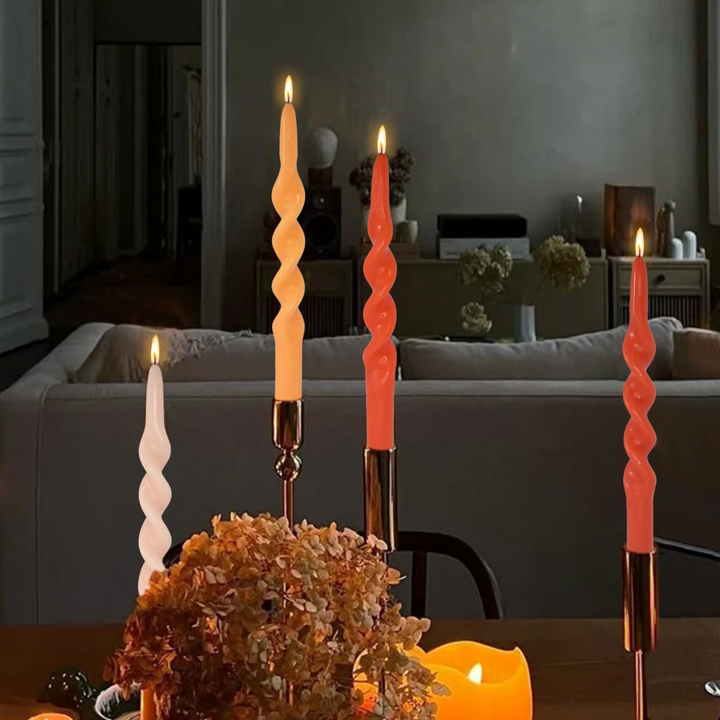 FLAMMUL Twisted Taper Candles 10 Inch Smokeless Long Stick Candles Gradient Orange Unscented Twisted Candlesticks for Home Decor Wedding Holiday 4 PCS