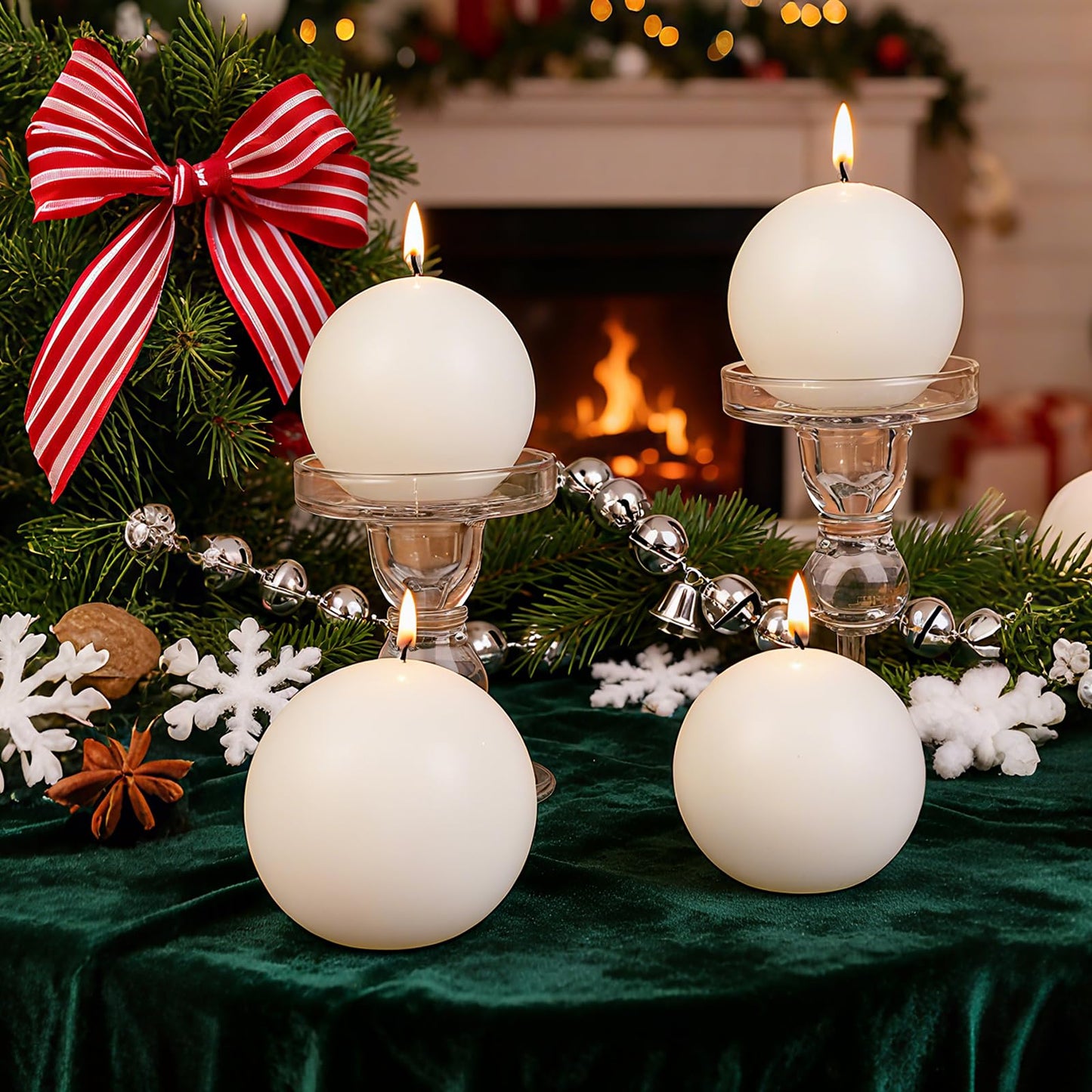 3 Inch Green Round Ball Candles,Elegant Round Pillar Candles,Hand-Poured Natural Soy Candles,26 H Long Burning Time-Dripless Smokeless Candle Dinner Table,for Wedding,Christmas Home Decor 4 Pack