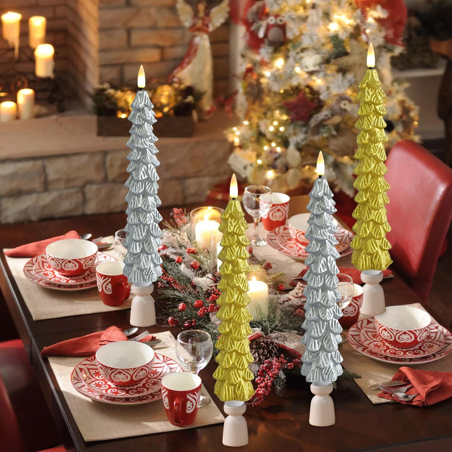 FCMSHAMD Golden & Silver Christmas Trees Flickering Flameless Candles with Remote and Timer, Real Wax 3D Flame Wick LED Candles, 9.8 Inch Battery Operated Candles for Christmas Home Decoration,4PCS