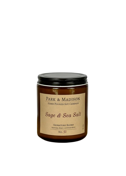 Park & Madison Sea Salt & Vetiver Soy Candle – Refreshing Earthy Scent with Ocean Air, Aquatic Florals & Warm Musk – Eco-Friendly Amber Jar, Non-Toxic, Long-Lasting Scented Candle (4 oz)