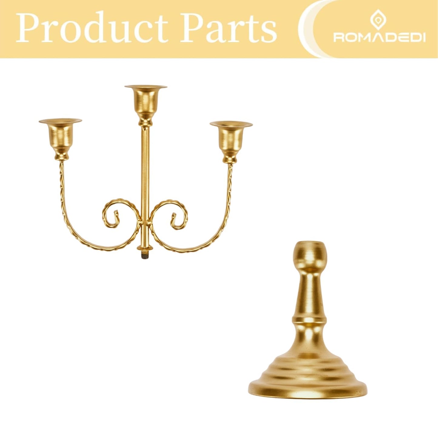 Romadedi Candelabra Gold Candle Holders - 3 Arm 11.8" Wedding Candlestick Holder for Theme Party Table Centerpiece Decor Dining Room Birthday Holiday Christmas, Set of 6