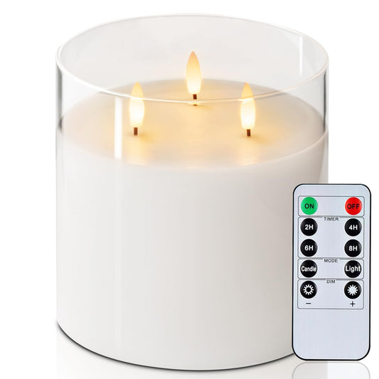 Homemory 6X6'' Extra Large Flameless Candle with 3 Wicks, Glass LED Pillar Candle, Real Wax Battery Operated Candle with Remote Control and Timer, Pure White