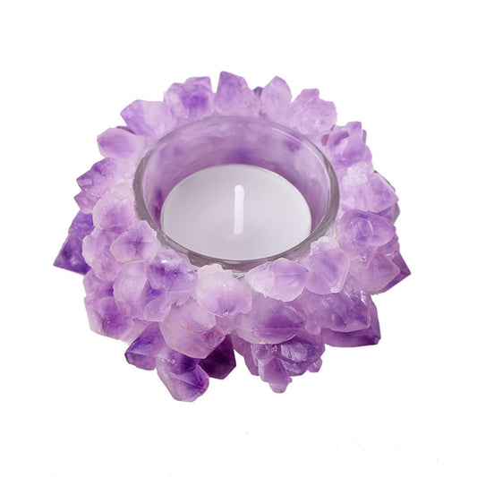Natural Amethyst Cluster, Raw Crystal Tealight Candle Holder Crystal Stone Candle Stand High Energy Geode Votive with Healing Effects