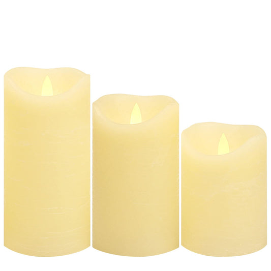 CANDLE CHOICE Real Wax Battery Operated Flameless Candles with Remote Automatic Daily Cycle Timer Realistic Flickering Electric LED Pillars Wedding Party Holiday Decorations 3 PCS Rustic Texture Ivory