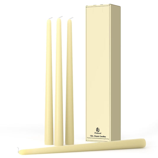 Pickood 12-Inch Tall Dripless Taper Candles Set of 4 - Ivory Tapered Candles, Perfect for Wedding,Dinner - Smokeless, Unscented, Long Burning - Hand Poured, Colored Tall Candlesticks - Cream