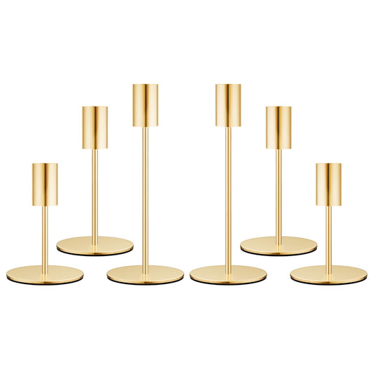 zeochyni French Gold Candlestick Holders Set of 6, Metal Taper Candle Holders in 3 Heights with Weighted Base for Dining Table Centerpiece, Wedding, Mantel Decor and Housewarming Gift