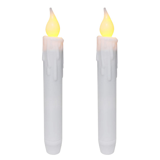 CVHOMEDECO. Flickering Taper Candles LED Drip Flameless Candles, Battery Operated with Timer, White, 6-3/4 Inch, Set of 2