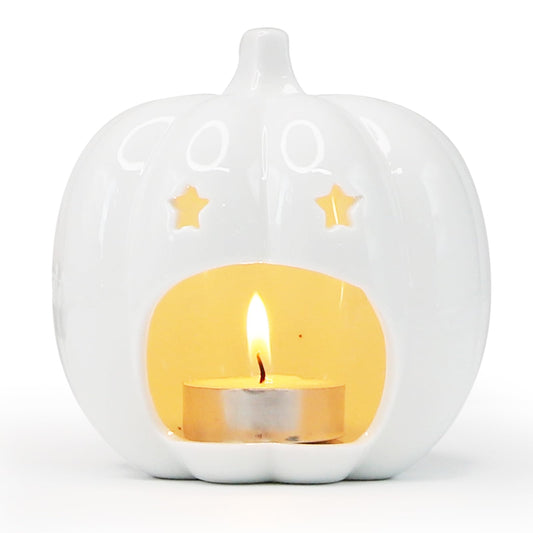 Ceramic White Pumpkin Candle Holder, Halloween Decor Candlestick Holder with Star Hole for Halloween Party, On a Desk at Work, Home Decoration, Daughter Girlfriend Mother Gift