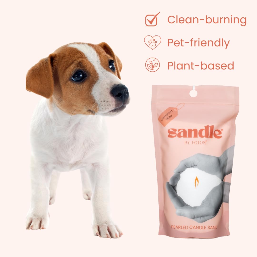 Sandle by Foton Pearled Candle Sand 10 Oz – White Unscented Safe Non Toxic Long Lasting Pearled Candle Wax up to 60 Hours - Refillable Unique Sand Candle Wax with 15 Candle Wicks for Candle Making