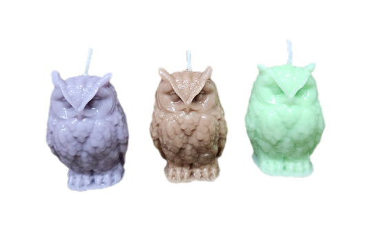Owl Candle Set - 3 Pack Coconut Soy Wax Sculptural Animal Figurines | Brown Purple Green Woodland Bird Shaped Pillars for Cute Cottagecore Room, Boho Home Decor 3.6oz Each