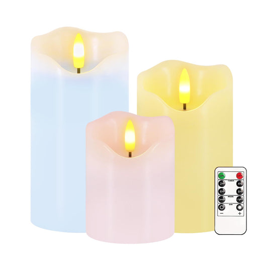 Flameless Candles Light, Set of 3 Pastel Spring LED Candles with Remote & Timer, Flickering Easter Pillar Candles Battery Operated, Real Wax Electric Candles for Home Spring Easter Decor (3 Colors)