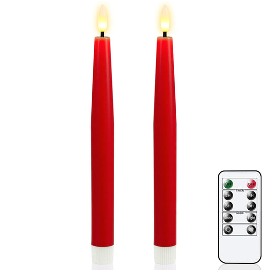 GenSwin Flameless Taper Candles, Set of 2 Red LED Taper Candles Battery Operated with Remote Timer, Real Wax Flameless Candlesticks with 3D Flame for Home Wedding Party Holiday Decor (0.78” x 9.65”)