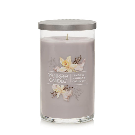 Yankee Candle Signature Medium Pillar Candle, Smoked Vanilla & Cashmere, Light Gray, Metal Lid, Premium Plant Wax Blend, Two Natural Fiber Wicks, Up to 115 Hours Burn Time