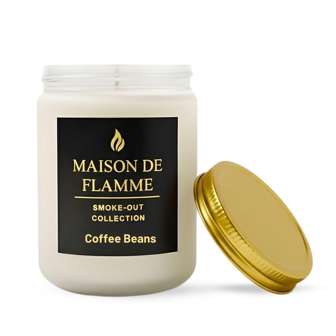 MAISON DE FLAMME Coffee Beans Odor-Eliminating Scented Candle, 200g/7oz White Jar – Long-Lasting Soy Wax Blend Candle for Smoke, Kitchen & Home Odors