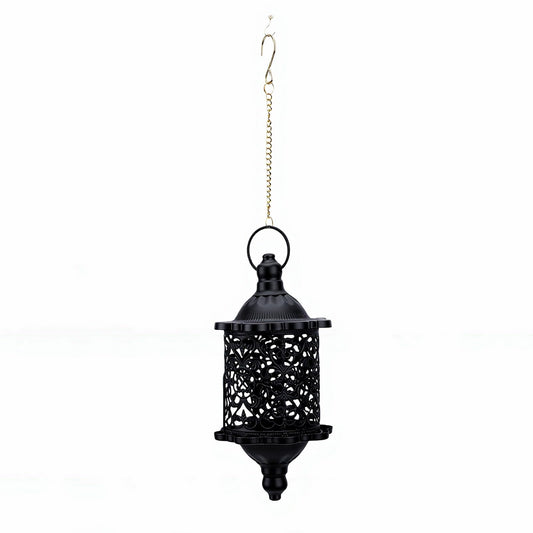 Pssopp Decorative Candle Holder Moroccan Candle Holder, Handmade Iron Hollow Out Vintage Decorative Lantern Hanging Tealight Votive for Home Porch Patio (Black)