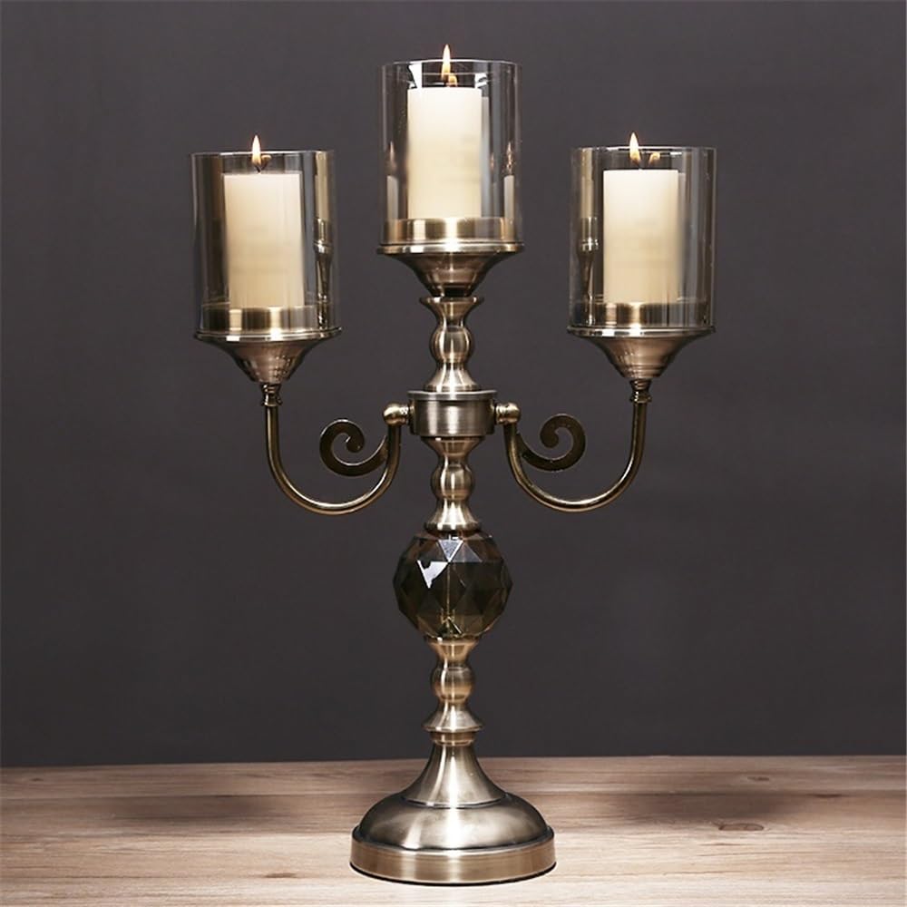 Candlestick Holders Retro Metal Glass Three-Head Candlestick Light Luxury Home Decoration Ornaments Candle Holder Candle Holders(Small)