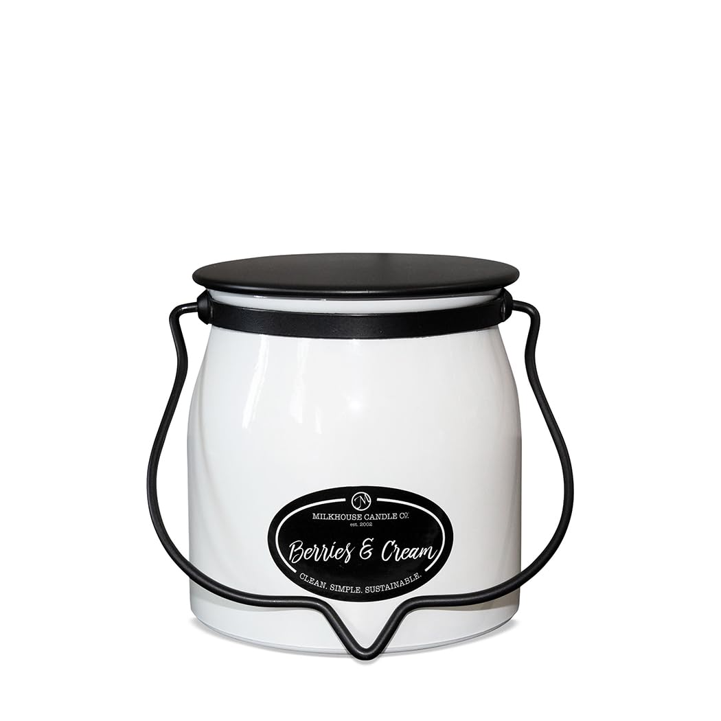Milkhouse Candle Company Berries & Cream Soy Candle - Raspberry | Blueberry | Sugarcane Scented - 16 oz Butter Jar with Lid, 65+ Hour Burn Time, Made in the USA