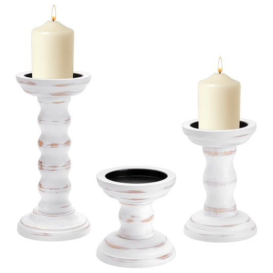 INTERWARM 5 Pack Wood Farmhouse Candle Holder, Tall Wooden Candlestick Holder Vintage Candle Stand Rustic Style Home Decor for Mother's Day Weddings Table Centerpieces Fireplace Mantel Decor, White