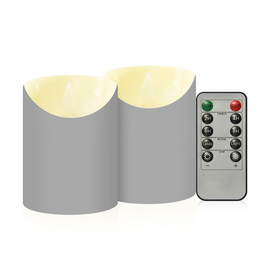 Gravopti Silver Grey Solid Color 2 Pack Flameless LED Pillar Candles with Remote & Timer, Battery Operated, Flickering Wax Candle for Wedding, Romantic Home & Party Decor