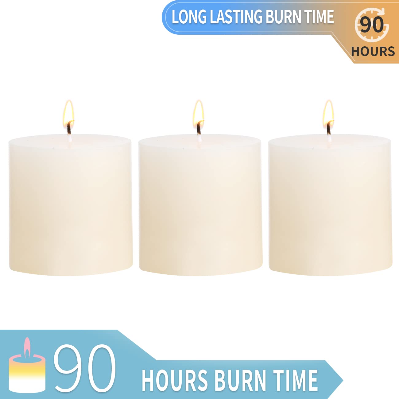 3×3 Ivory Pillar Candles Set of 3 Unscented Handpoured Weddings, Home Decoration, Restaurants, Spa, Church Smokeless Cotton Wick - Ivory 90 Hour