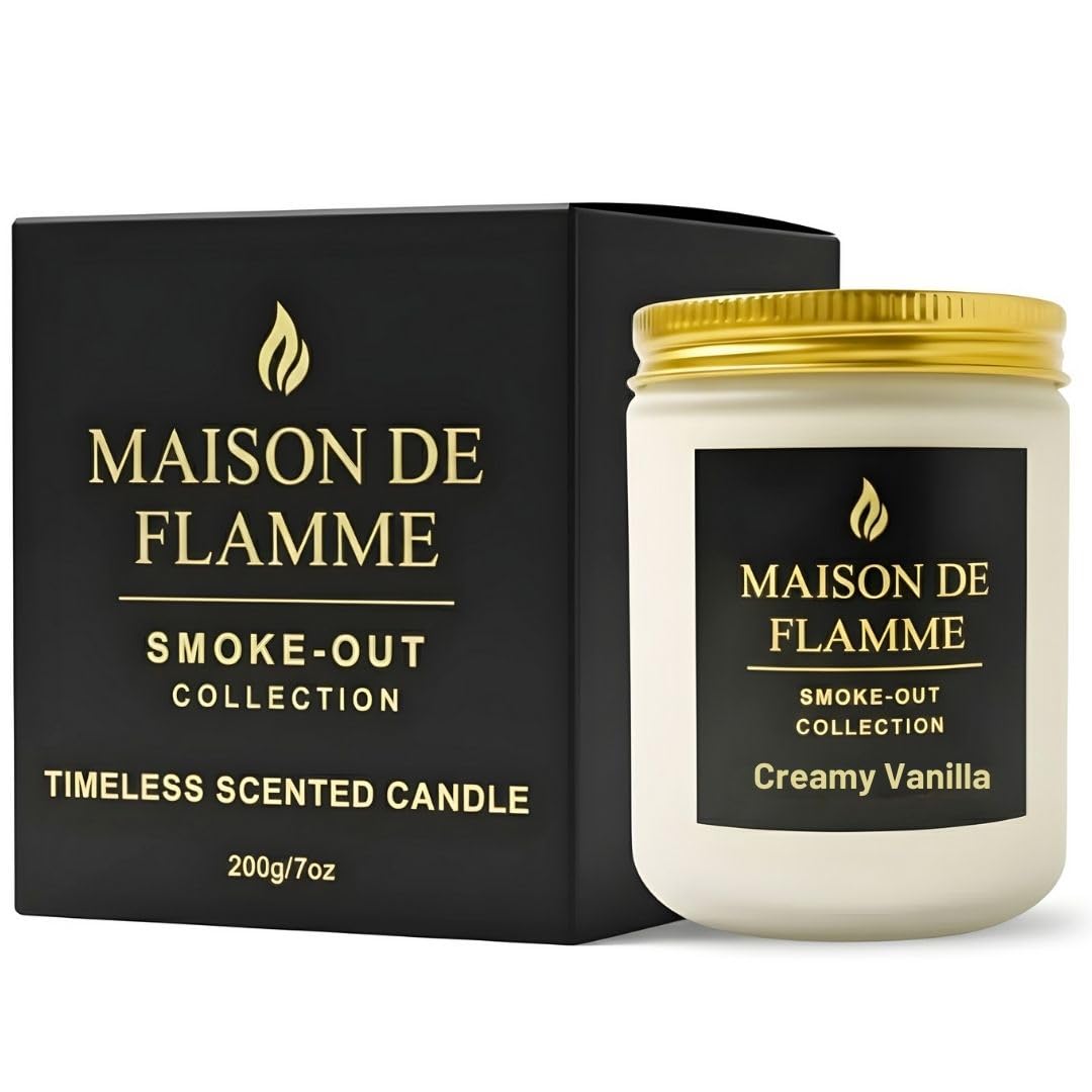 MAISON DE FLAMME Creamy Vanilla Odor-Eliminating Scented Candle, 200g/7oz White Jar – Long-Lasting Soy Wax Blend Candle for Smoke, Kitchen & Home Odors