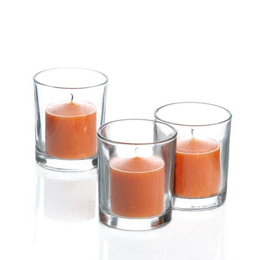 Set of 12 Richland Votive Candles Orange Unscented and 12 Clear Glass Eastland Votive Holders