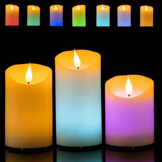 luzzup 12-Color Changing Flameless Candles, Battery Operated LED Candle with Remote, Timer, Warm Glow, Dimmable, Long Last Lighting for Halloween Decor, Home Daily Decor, Set of 3 (D3xH456)