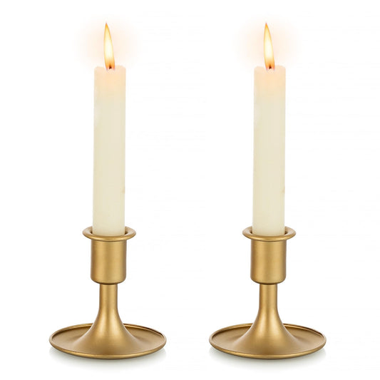 Gold Taper Candle Holder Set of 2, Hewory Short Skinny Brass Candlestick Holders, Vintage Small Low Metal Candles Sticks for Wedding Centerpieces Christmas Birthday Party Holiday Dinning Table Decor