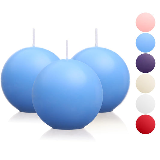 Ball Pillar Candles Set of 3 Blue 3Inch Unscented Handpoured Weddings, Home Decoration(75 Hour)