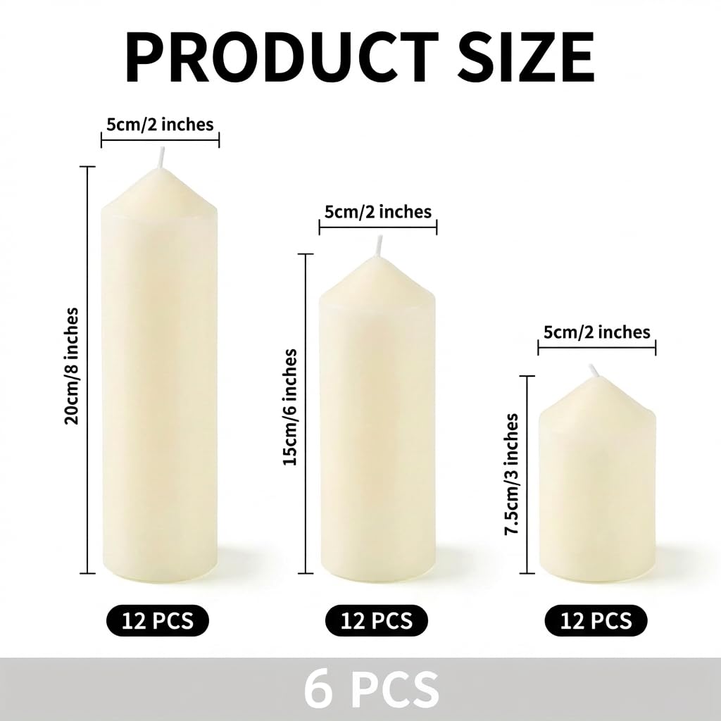 6 Pcs Individually Wrapped Pillar Candles Bulk, 2x3 2x6 2x8 Inch, Unscented Dripless Smokeless, Hurricane Candles for Wedding Party, Spa, Home Decor (6 Ivory Pointed-tip, 2 x 3/6/8 Inch)