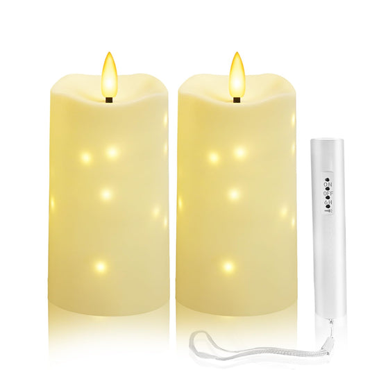 Flameless Candles Embeded Twinkle Starlight, Waterproof LED Flameless Candles with Remote, Plastics Realistic Pillar Candles for Home Decor, Outdoor Garden, Patio Decor 2pcs(Ivory)
