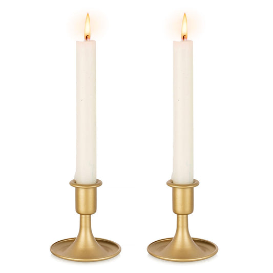 Inweder Gold Taper Candle Holder Vintage: Small Candle Sticks Holder Decor Brass Candlestick Holders for Home Dinning Table Wedding Centerpiece Holiday Party Chrismas Mantel Set of 2