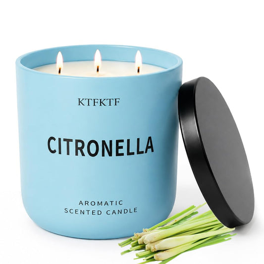 KTFKTF Citronella Candles Outdoor - 14.1oz Large 3 Wick Jar Candle with 80 Hour Burn, Natural Soy Wax, Non-Toxic Outdoor Candle for Patio, Camping, Backyard & Home