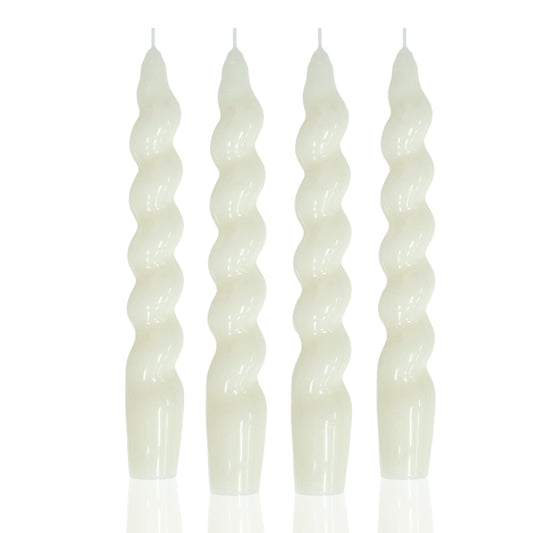 MAITREYA White Spiral Taper Candles - Conical Stick Candles, Handmade Twisted - Set of 4 for Decoration, Weddings, Party, Church - Unscented, Dripless, 7.5 inch