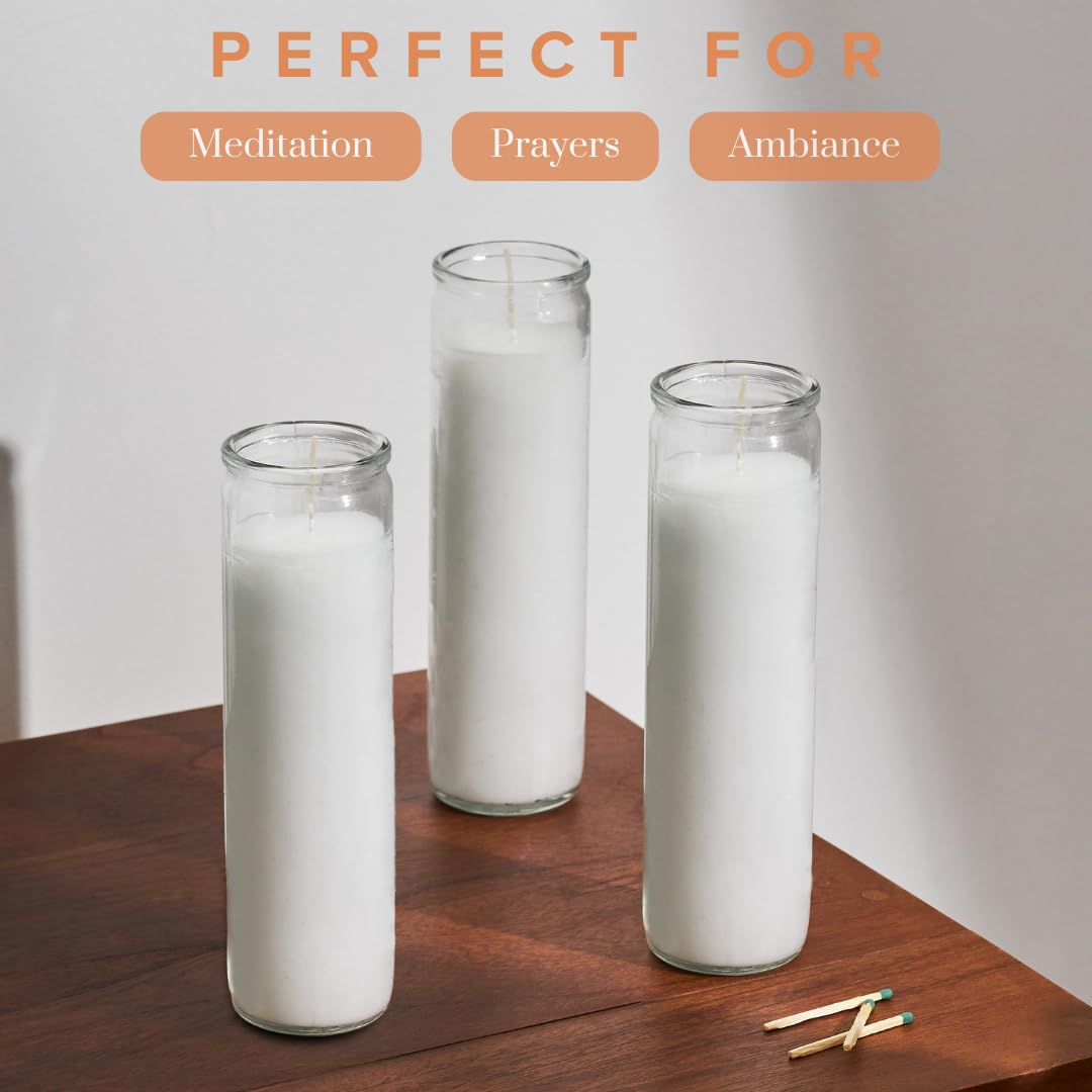 Simply Soson 2x8 inch 7 Day White Pillar Candles in Glass Set of 3, Up to 90 Hour Burn time, Unscented Prayer, Religious Candles for Memorials, Vigil, and Emergency