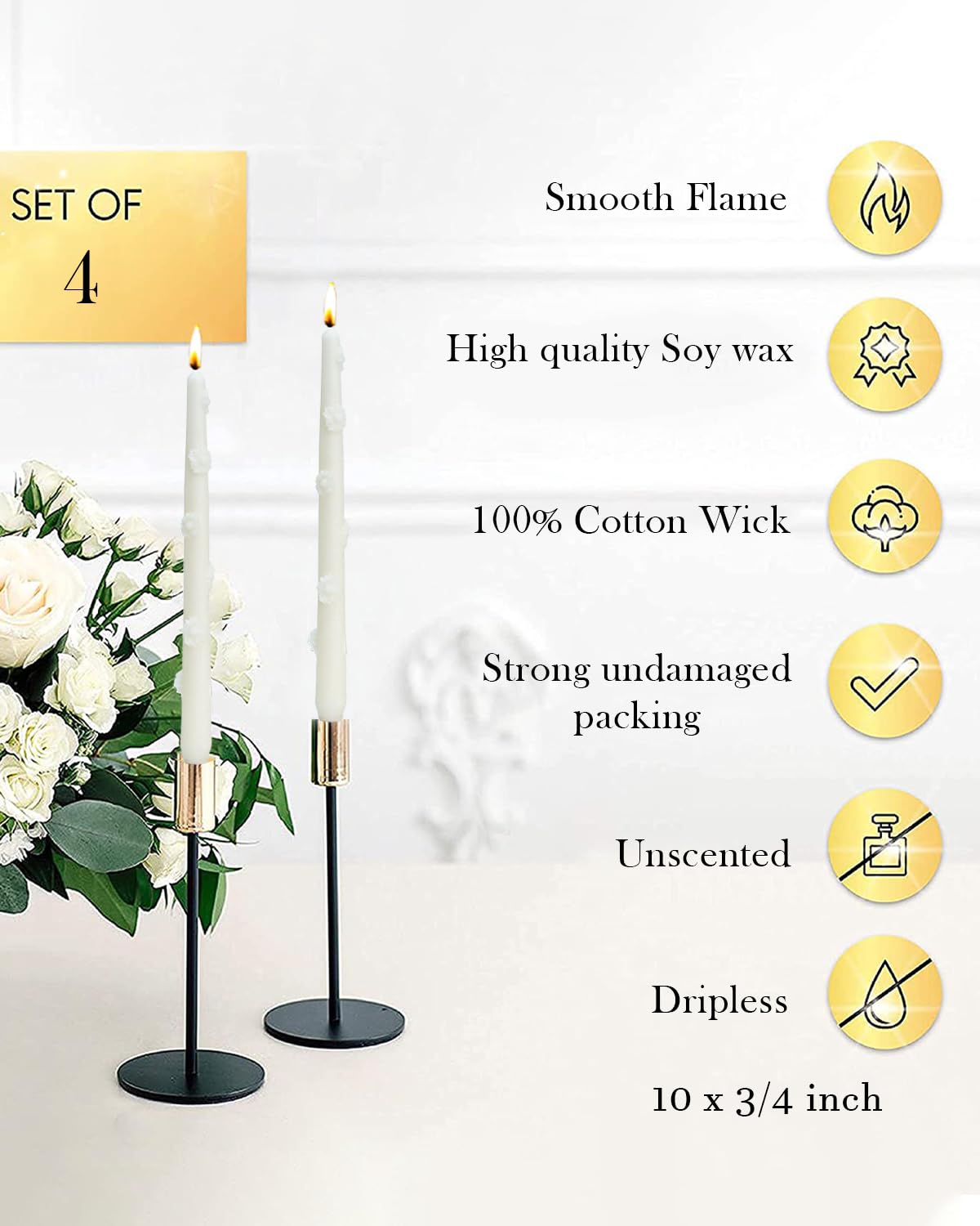 LPUSA White Candlestick Taper Candles Flower Soy Candles Unscented Wedding Party Wax Unscented Dinner Candle Dripless,10 inch,Set of 4,J2