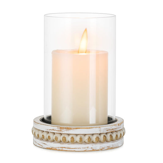 Glasseam Glass Hurricane Candle Holder, Decorative Candle Holders for Pillar Candles, Boho Candle Holders for Table Centerpiece, Glass Cylinder With Wood Beaded Candle Plate for Dining Room Decoration
