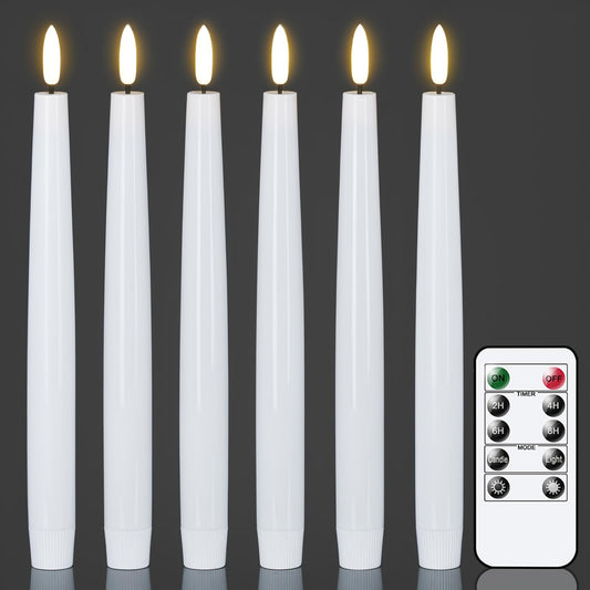 GenSwin LED Taper Candles with Remote Timer, White Flickering Flameless Taper Candles Battery Operated, Real Wax Flameless Candlesticks for Halloween Christmas Decorations(Set of 6, 0.78” x 9.84”)