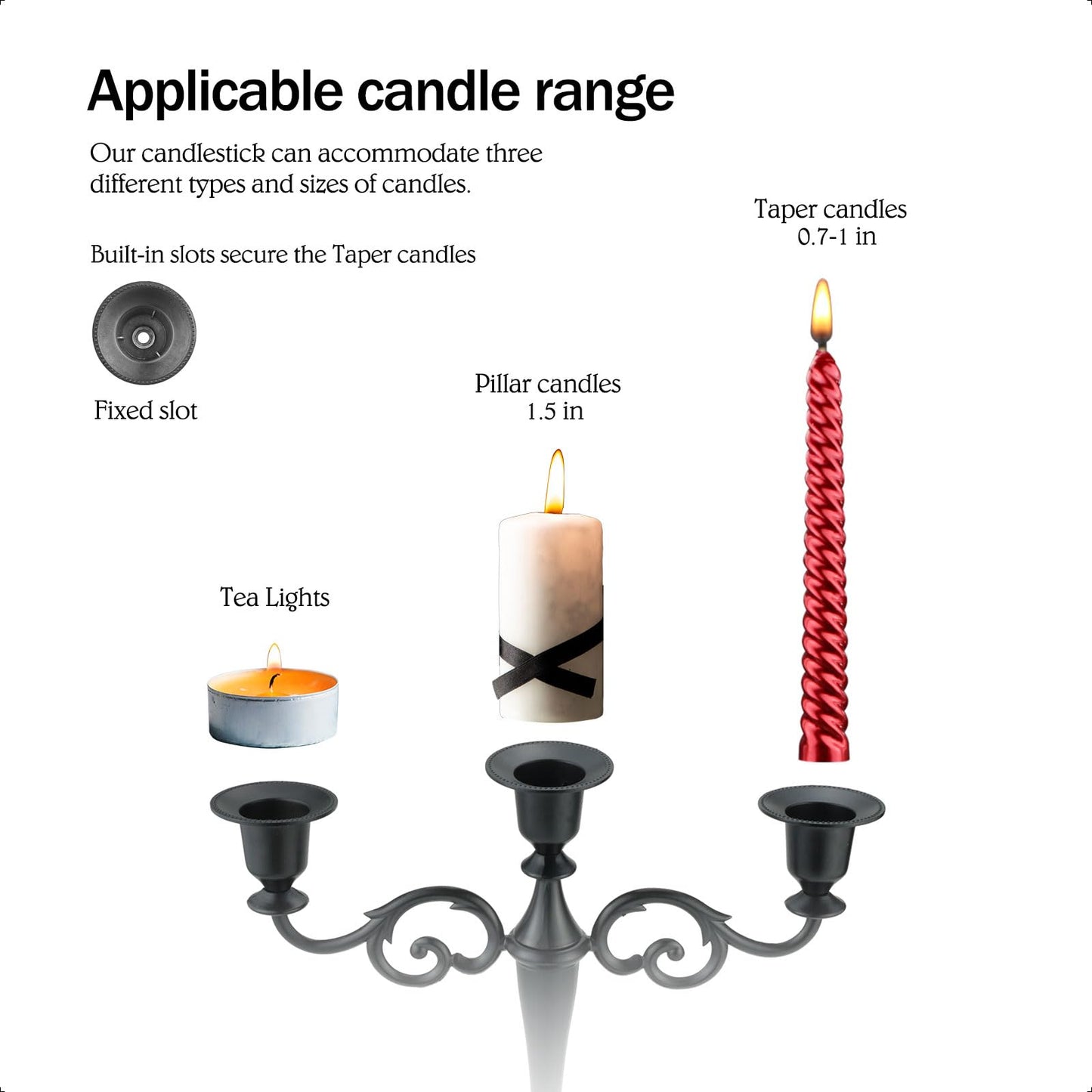 Viscacha Metal Candle Holders 5 Wicks Black Candle Holders for Candlesticks Taper Candles（10.6 inch Tall Candelabra, for 1/2-1 inch Pillar Candles Diameter Each）,Candle Stand Decoration