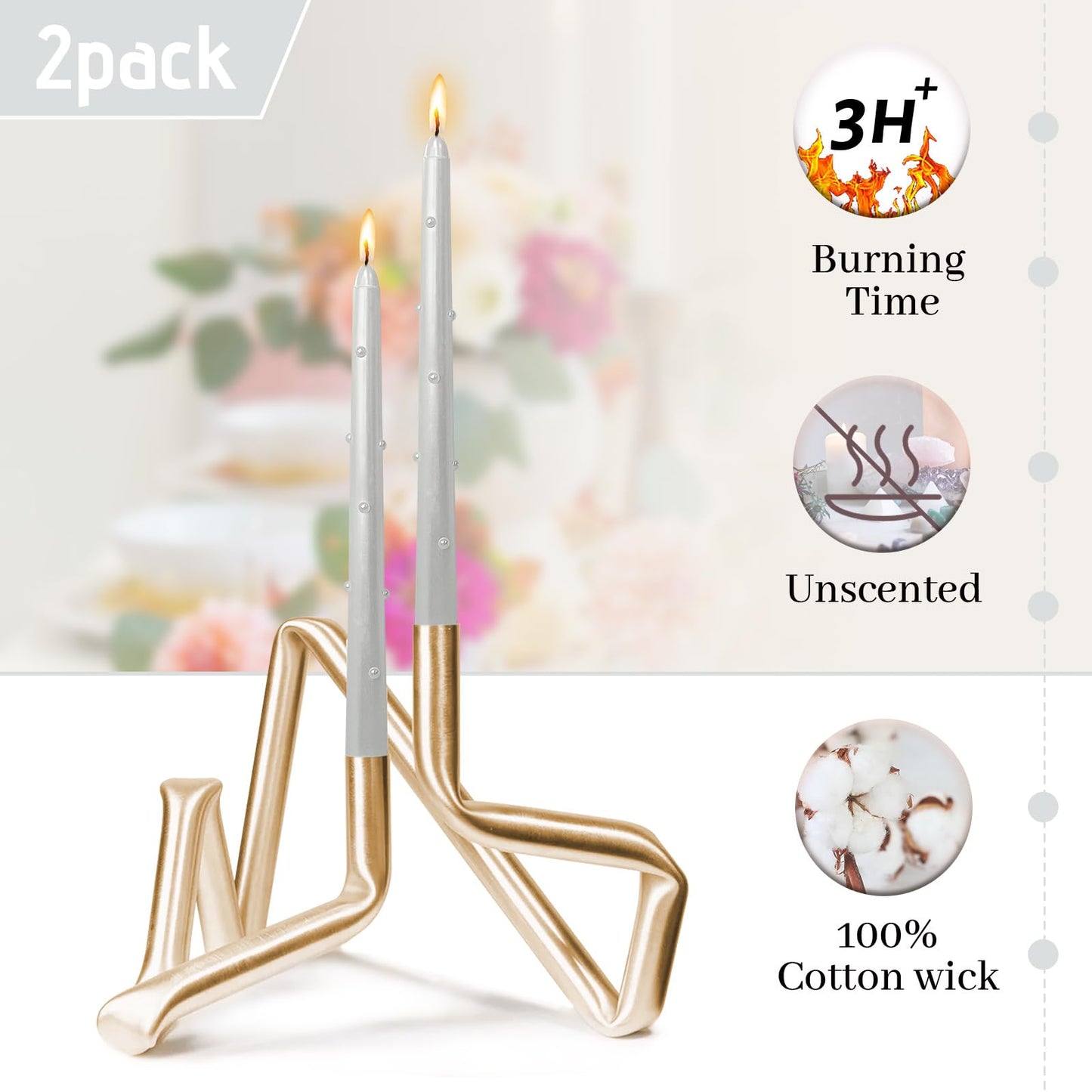 Metallic Pearled 3D Taper Candles - 10 Inch Handmade Drip Candles, Set of 2 for Wedding Home Holiday Decor & Gifts